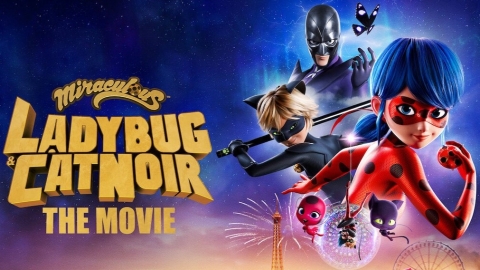 A horizontal flyer for Miraculous: Ladybug & Cat Noir, the Movie. The left size contains the title. The right side shows Hawkmoth, Chat Noir, and Ladybug, along with the kwamis Tikki and Plagg.