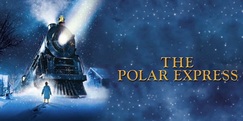 A horizontal flyer for the film The Polar Express. A young boy in a blue robe and yellow pajamas stands in the snow. He stares in awe at a steam locomotive that has pulled onto his suburban street. His back faces the viewer.