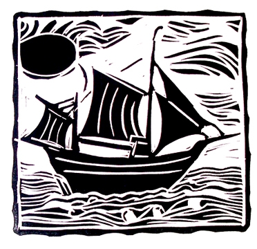 Black and white linocut style image of a sailboat sailing on calm waters until a big sun.