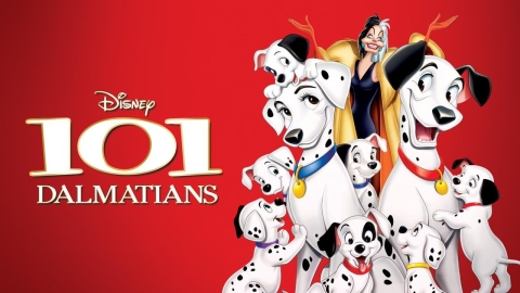 A horizontal poster for Disney's 101 Dalmatians with a red background. The film title is on the left side of the image. The right side contains generic stock imagery of the dalmatian parents and some puppies, as well as Cruella DeVil.