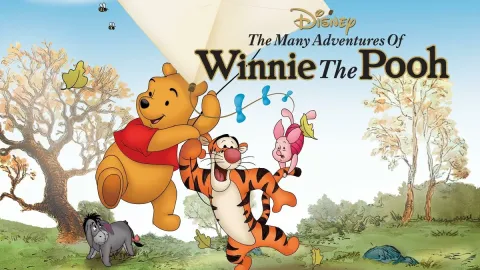 Horizontal poster for Disney's The Many Adventures of Winnie the Pooh. It features Pooh, Tigger, Piglet, and Eeyore.