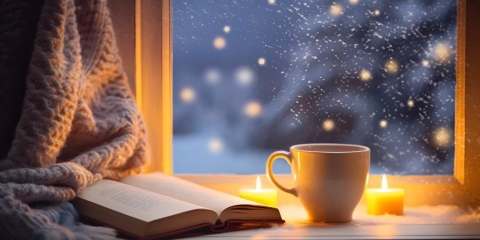 window looking out into snow with a book a mug and tea lights