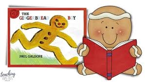 gingerbread person reading a book with cover of gingerbread boy 