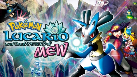 A horizontal version of the poster for the Pokémon movie Lucario and the Mystery of Mew. It prominently features Lucario, Ash, and Pikachu. It also features brock, May, Max, and new character Sir Aaron.