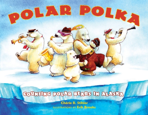 cover of book "polar polka" with polar animals danicing on iceberg