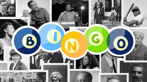 A collage of black and white photos of famous Black figures with the word "BINGO" in front of them and centered in blues, greens and yellows.