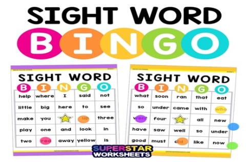 Text "Sight word bingo" with image of 2 bingo cards