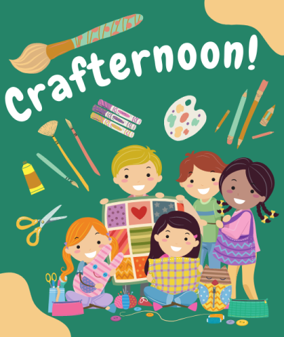 Children with art supplies below text "crafternoon"