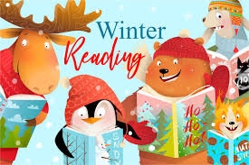 Image of a winter reading party with animals reading books