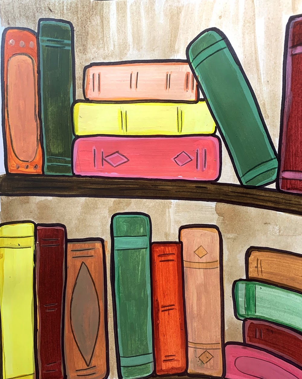 A painting of books stacked on a shelf