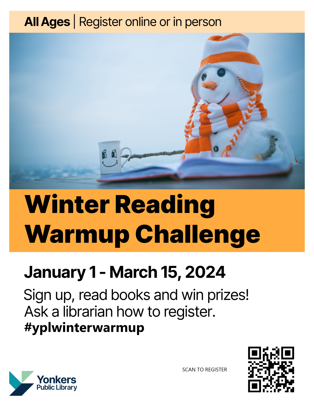 winter reading warm up challenge poster with a snowman on it