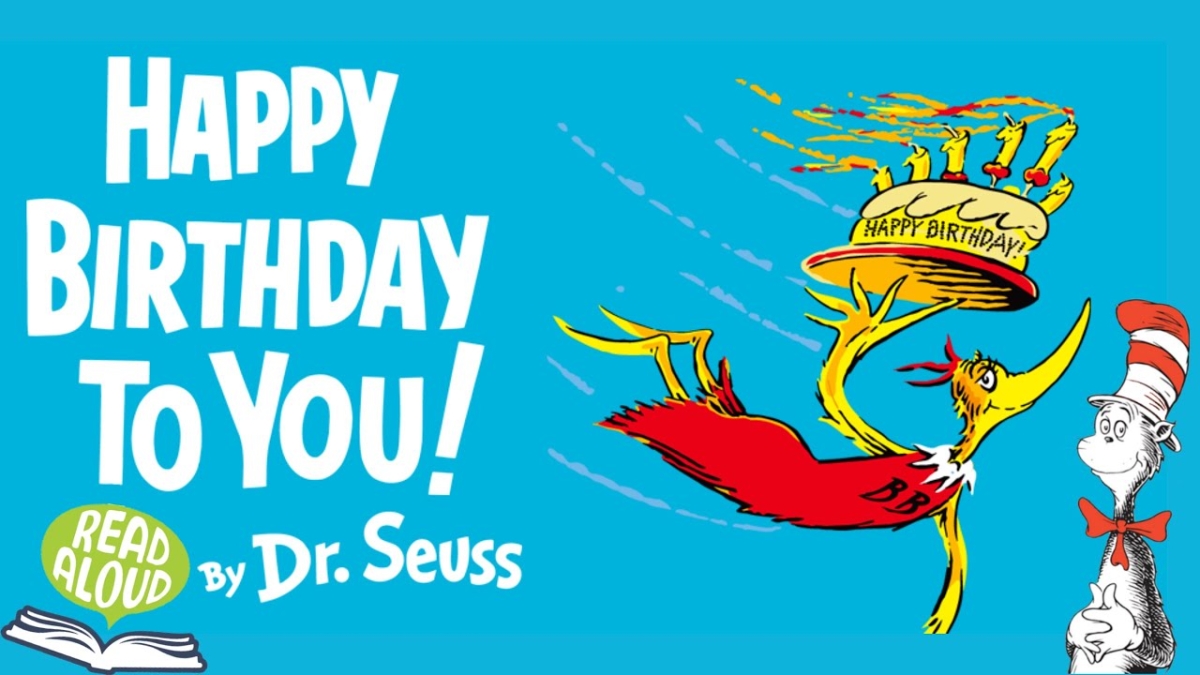 Text of Happy BIrthday dr. seuss with imag eof cat in hat and birthday cake