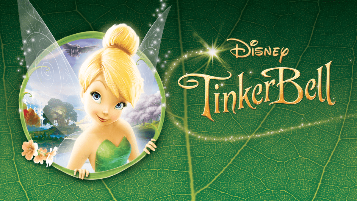 A horizontal version of the original Tinker Bell movie poster. To the left, there is an image of Tinker Bell with Pixie Hollow behind her contained in a circle that looks like a green vine. On the right are the words "Disney Tinker Bell" in gold with a wisp of gold pixie dust. This is all on green background that appears to be a zoomed-in leaf.