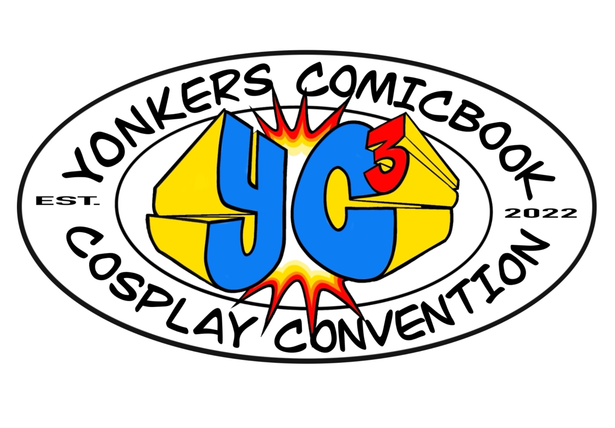The logo of YC3, an oval with blue-and-yellow letters Y and C over a red starburst, with a red 3 above them. "Yonkers Comicbook Cosplay Convention" is written on the oval.