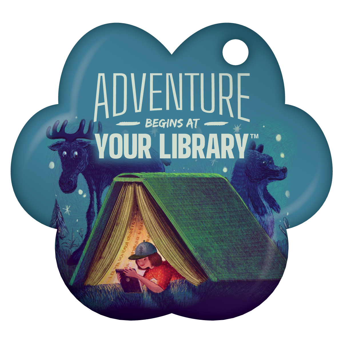 Adventure begins at your library logo with image of girl reading in book tent