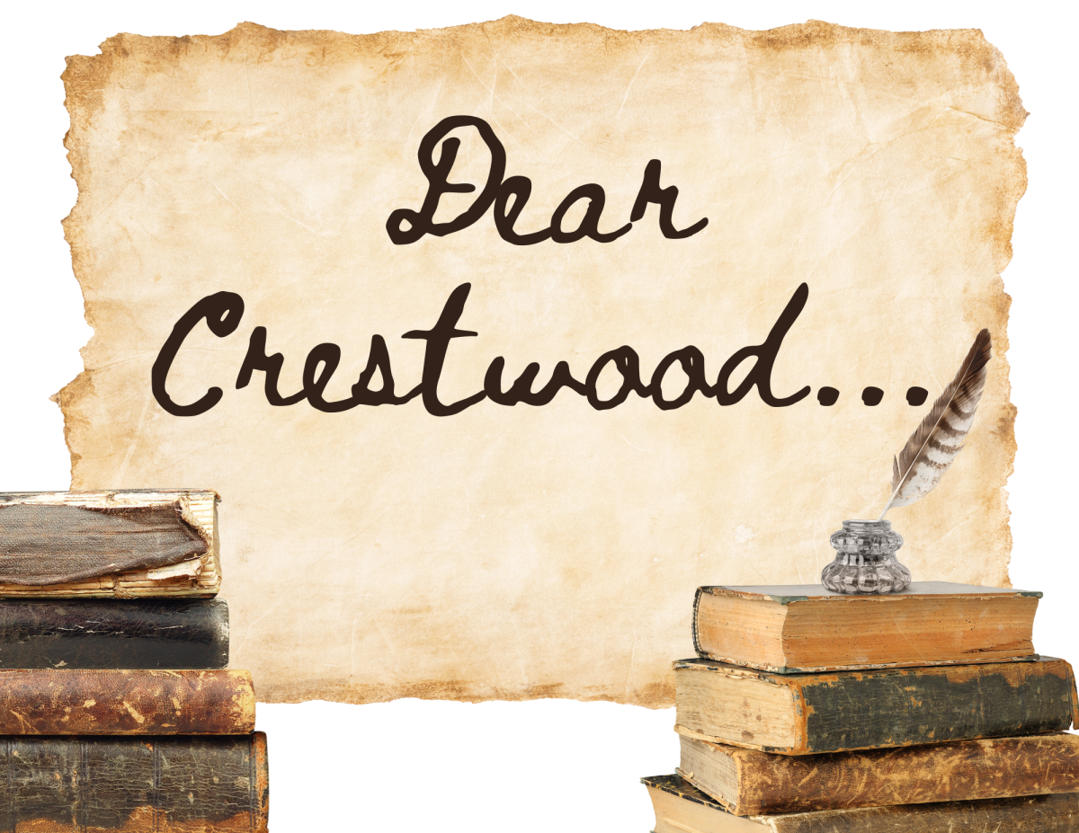 antique page with books and a quill that says Dear Crestwood