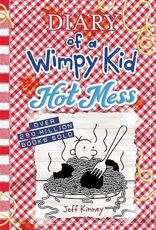 cover of wimpy kid book 18 with cartoon of boy in spaghetti with red background