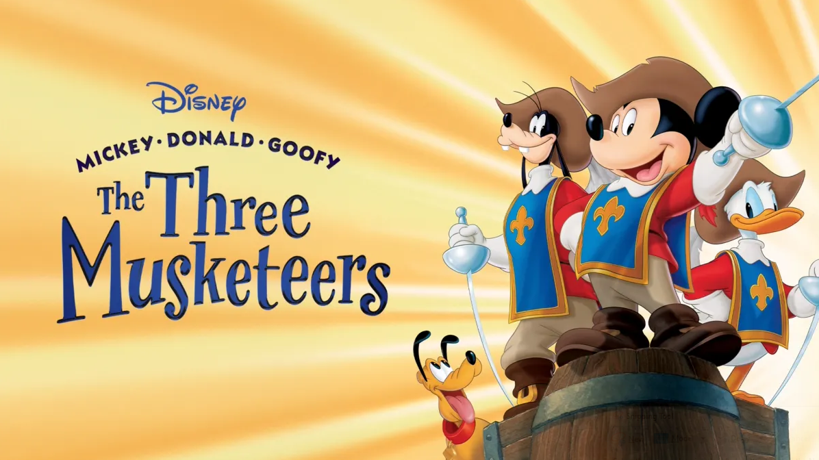 Mickey Mouse, Donald Duck, and Goofy dressed as the Three Musketeers with Pluto the dog by their side