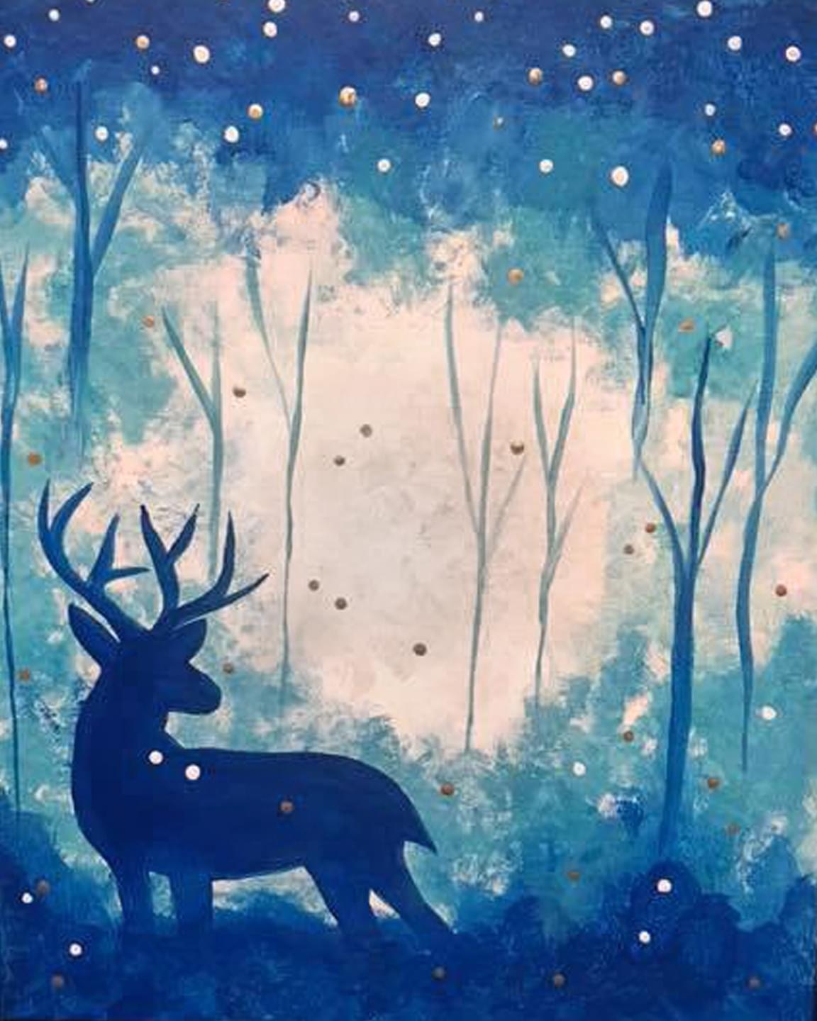 Painting of a deer in a forest in wintertime