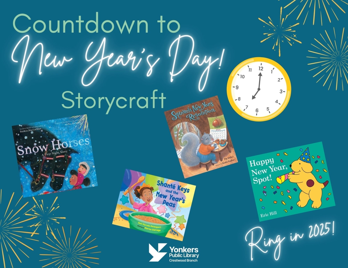 Countdown to new year's day storycraft with book covers on the flyer