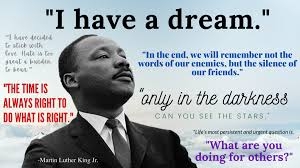 MLK Jr surrounded by his quotes including I have a dream