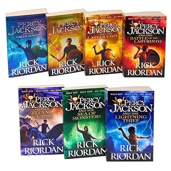 pictures of the seven covers of Percy Jackson books