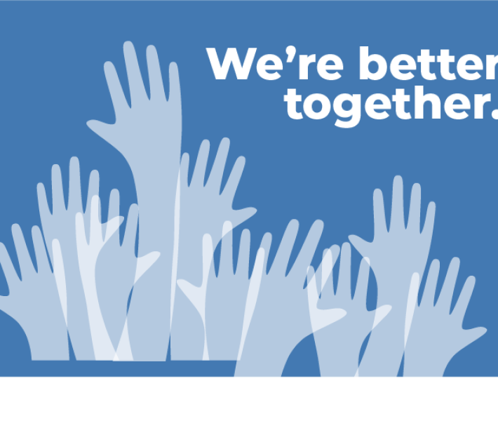 Hands raised on blue background. We're better together. 